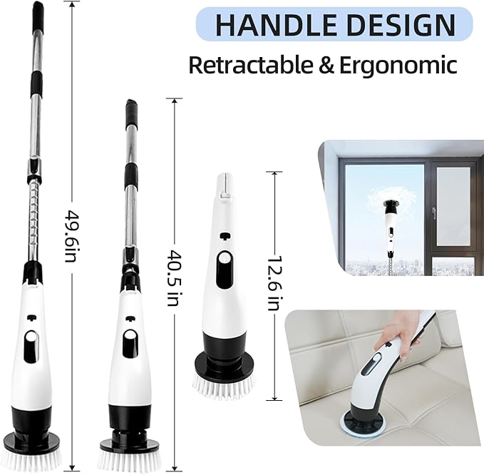 8 - in - 1 Electric Spin Scrubber, Cordless Cleaning & Shower Scrubber with Adjustable Handle, IPX7 Waterproof for Bathroom, Tile, Car, Kitchen, Floor, Tub | 8 Brush Heads, Powerful Horsepower