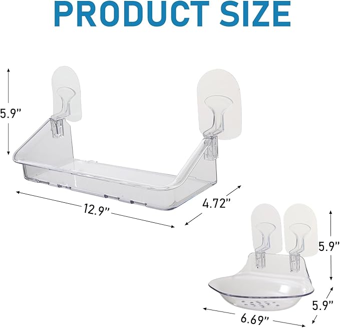 Acrylic Clear Shower Caddy Soap Dish 2pack Small Size 12.9"L 4.7"W 5.9"H Acrylic Shelves No Need To Drill Wall Adhesive Shelves With Self- Adhesive Tape For Bathroom Kitchen Rv(Shower Caddy S)
