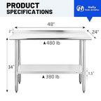 Hally Stainless Steel Table for Prep & Work 24 x 48 Inches, NSF Commercial Heavy Duty Table with Undershelf and Backsplash for Restaurant, Home and Hotel