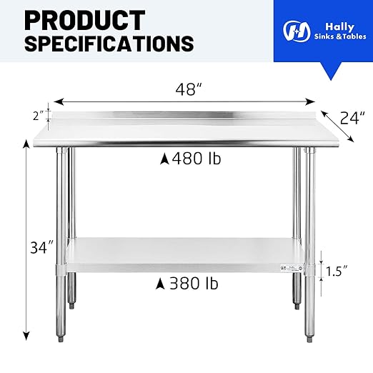 Hally Stainless Steel Table for Prep & Work 24 x 48 Inches, NSF Commercial Heavy Duty Table with Undershelf and Backsplash for Restaurant, Home and Hotel