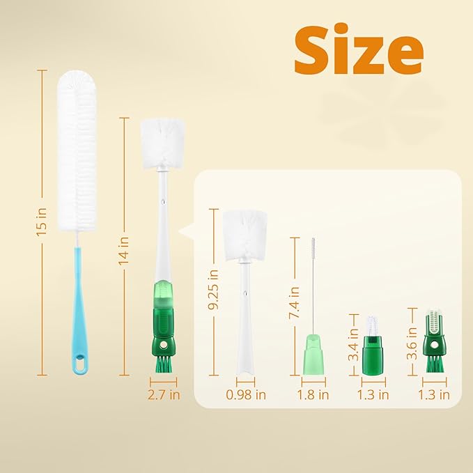 OUTXE 5 Pack Bottle Brush Set, 5-in-1 Water Bottle Cleaner Brush, 15"" Long Handle Bottle Cleaning Brush, 3 Straw Brush, Removable Nipple Brush, Detail Brush for Cup Lid Gap, WBBSBLB5