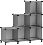 SONGMICS 6 Cube Storage Organizer, Modular Bookshelf, DIY Closet Organizers and Storage, Plastic Stackable Shelves, 11.8 x 11.8 x 11.8 Inch Cubes, with Feet and Rubber Mallet, Gray ULPC06G
