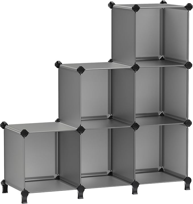 SONGMICS 6 Cube Storage Organizer, Modular Bookshelf, DIY Closet Organizers and Storage, Plastic Stackable Shelves, 11.8 x 11.8 x 11.8 Inch Cubes, with Feet and Rubber Mallet, Gray ULPC06G