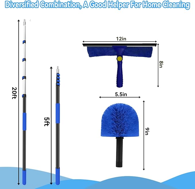 26FT+ Professional Window Cleaning Kit,High Reach Duster Kit,Spider Web Duster,with 20 ft Telescopic Pole 2 in 1 Window Cleaning Squeegee Kit for Outdoor & Indoor Cleaning