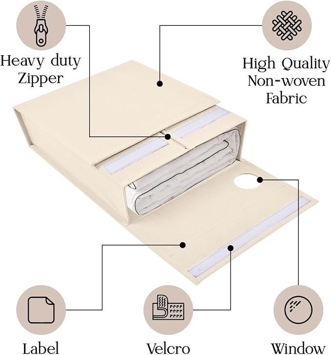 2 Pack Bed Sheet Organizer and Storage, Foldable Storage Bed Sheet Organizer for Linen Closet with Viewing Window & Label for Bedding Sheets & Blankets (Queen & King Size) Cream