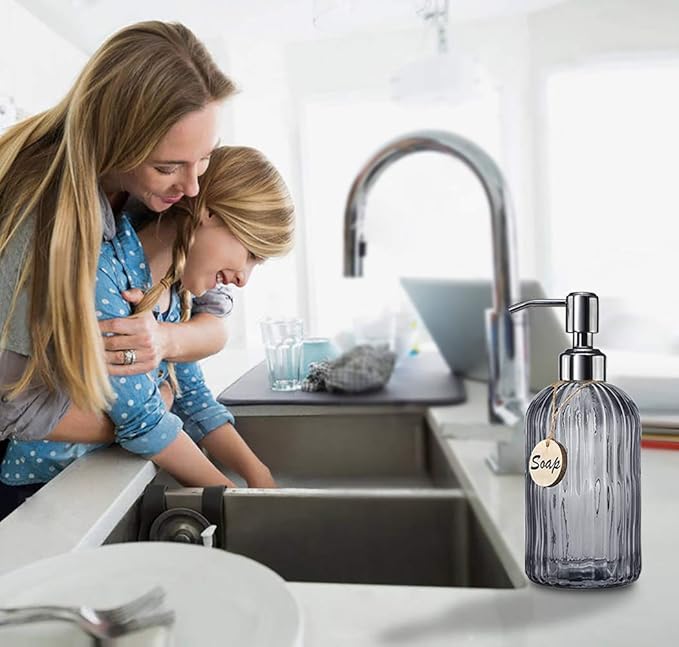 JASAI 18 Oz Vertical Stripes Kitchen Soap Dispenser with 304 Rust Proof Stainless Steel Pump, Refillable Liquid Soap Dispenser for Bathroom, Kitchen, Hand Soap, Dish Soap (Clear Grey)