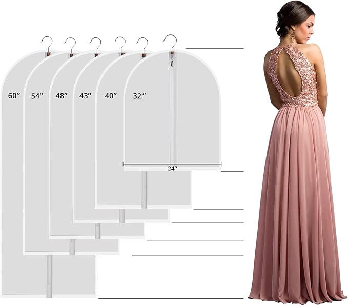 MsKitchen 6 Pack Short Garment Bags (24x31") - Dustproof Covers for Kids Clothes - Durable PEVA Storage Bags with Sturdy Zipper for Dance Costumes, Tops & Folded Pants (Translucent)