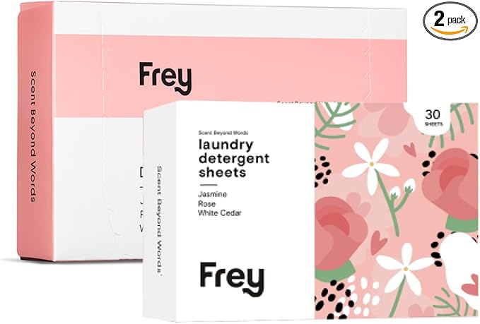 FREY Laundry Detergent & Dryer Sheets Bundle | 60 Count | Plastic Free | Liquidless Full Wash Solution | Soft Fresh Clothes (Jasmine Meadow)