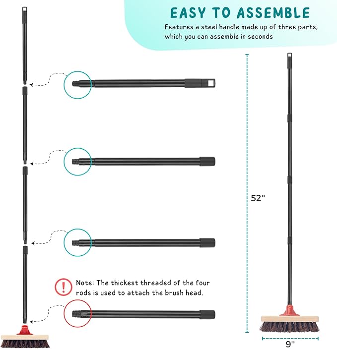 Deck Brush with Long Handle, 52'' Palmyra Bristle Scrub Broom for Boat, Patio, Garage, Concrete, Shower, Bathroom Cleaning, Outdoor Floor Scrubber