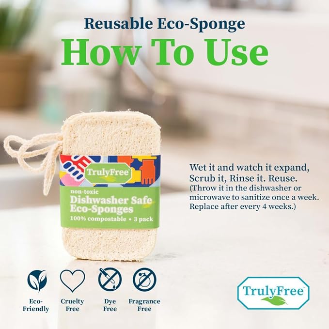 Natural Cleaning Sponges, 100% Organic Luffa Dish Scrubber, Plant-Based Compostable Kitchen Dishwasher Sponge, Cleans Sink, Grout & Tile, Non Scratch Scouring Pad - 4.4 x 2.8 in, Pack of 3