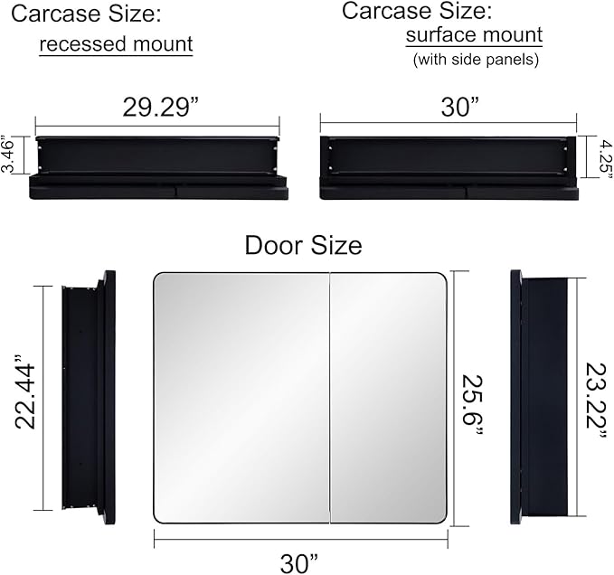 Black Bathroom Mirror Medicine Cabinet with Round Corner Framed Door 30 x 25.6 inch, Recessed or Surface Mount, with Adjustable Glass Shelves