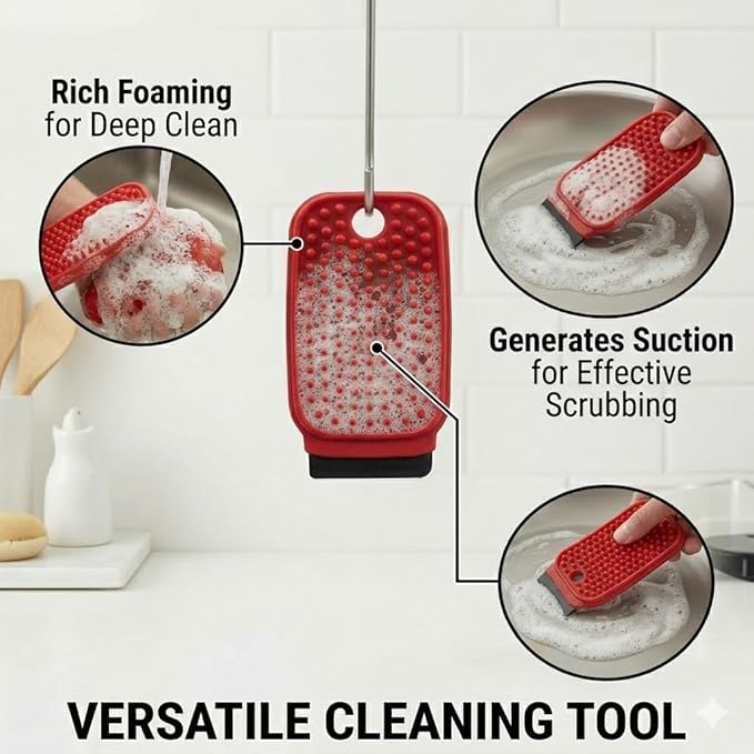 FlexiClean 3-in-1 Silicone Dish Sponge - BPA-Free Food-Grade Cleaning Brush with Dual-Sided Scrubber & Scraper, Hanging Hole Fast-Dry Reusable for Dishes/Fruits/Vegetables (Red 2PCS)