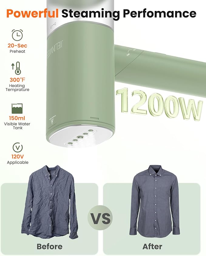 Handheld Steamer for Clothes, 1200W Foldable Travel Steamer, 20 Sec Preheat Garments Wrinkle Remover, 120V Portable Hand Iron with 150ml Water Tank, Clothes Steamer for Home Travel-Green