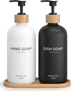Hand and Dish Soap Dispenser Set,16oz Glass Bottles with Printed Labels, Bamboo Tray & Pump,Countertop Soap Dispensers for Kitchen,Luxury, Minimalist & Farmhouse Decor (Hand Dish (Black/White))