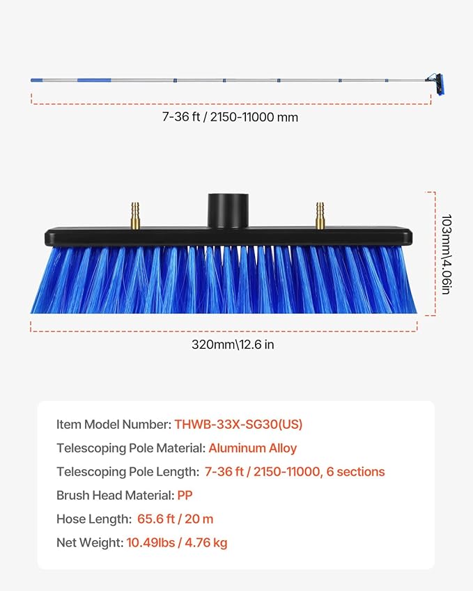 VEVOR Water Fed Pole Kit, 36FT Solar Panel Cleaning Pole with Extendable Handle, 180° Rotatable Brush Head & 65.6FT Hose, Household & Outdoor Window Cleaner Tool for Caravan Solar Panel Deck