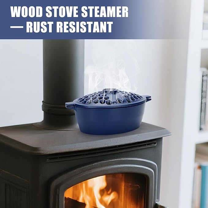 G GOOD GAIN Wood Stove Steamer - Cast Iron Stove Humidifier with Large Opening Top | Oval Bowl Fire Place Pot for Home Heating Decorative | Matte Finish & 2.7 Quart, Green
