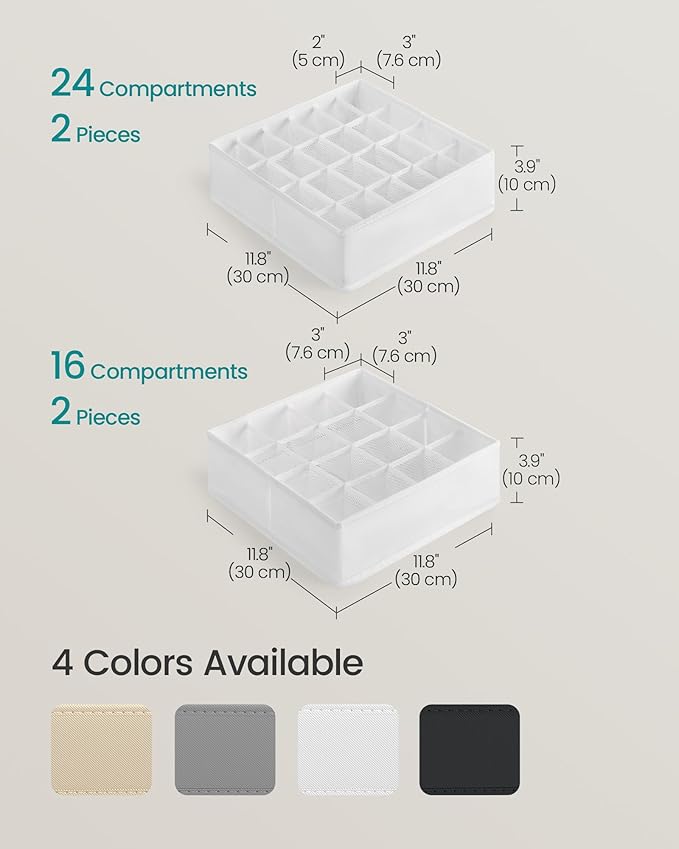 SONGMICS 4 Pack Drawer Organizers, 80 Cells (2x16+2x24), Foldable Dividers, 11.8 x 11.8 x 3.9 Inches, for Socks, Underwear, Ties, Belts, Cloud White URUS011W01