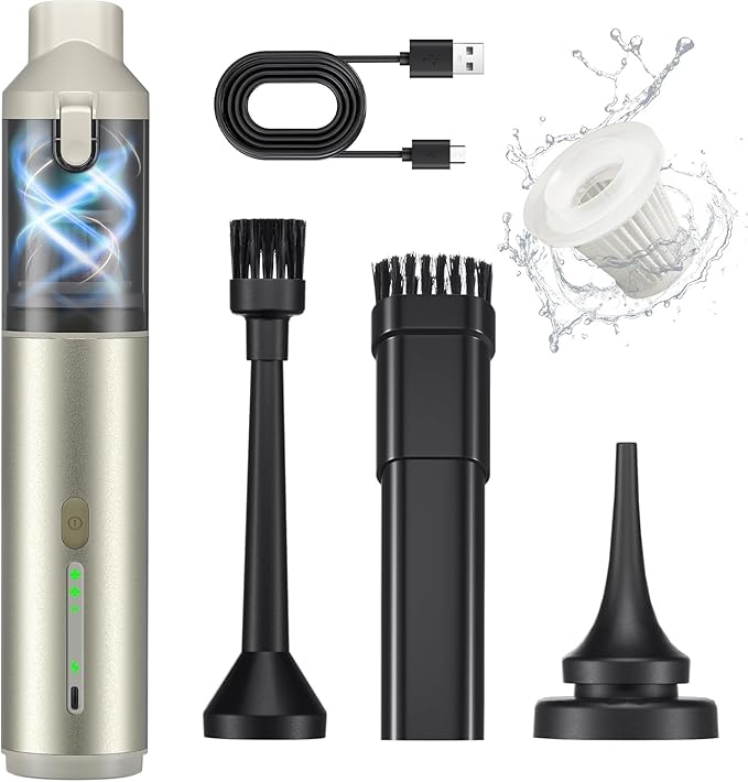 Car Vacuum Portable with 16000Pa Powerful Suction, Handheld Vacuum Cordless Rechargeable Blow & Suction 4 in 1, Small Vacuum Cleaner for Car, Outdoor, Home, Office (Gold Renew)