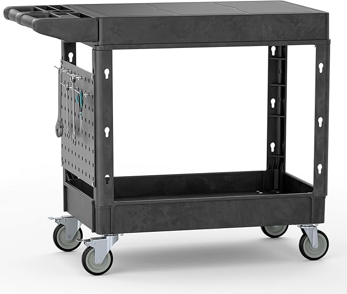 Heavy Duty Utility Service Tool Cart, 39 x 17 in, 2 Shelf Flat Top Rolling Cart with Hanging Board, 550LBS, Swivel Wheels, Ergonomic Handle for Garage, Warehouse, Office, Workshop, Auto Repair