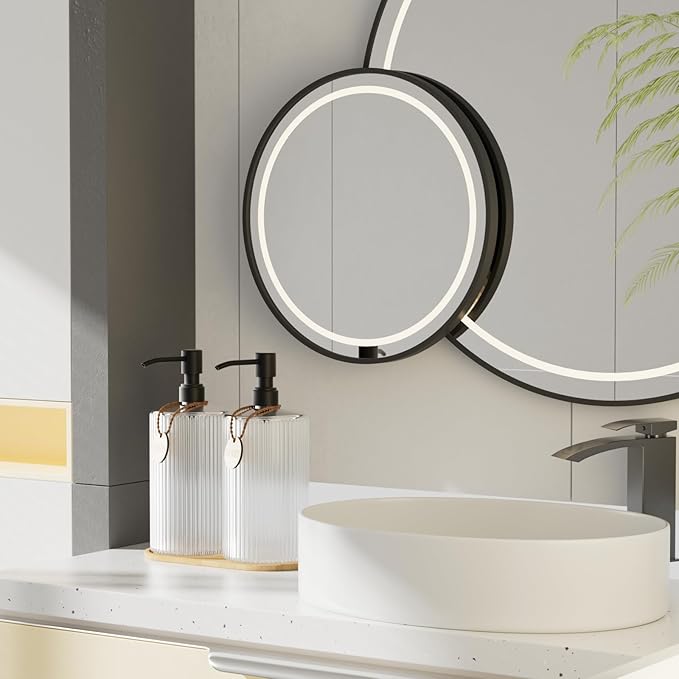 18Oz Kitchen Dish Soap Dispenser Set,Glass Hand Soap Dispenser Bathroom with Wood Tray & Black Stainless Steel Pump,Vertical Stripe Design