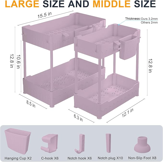 2 Pack Under Sink Organizer, Under Bathroom Cabinet Organizer with Hooks Hanging Cup, Multi-Purpose Storage Shelf for Kitchen Bathroom (Pink, L)