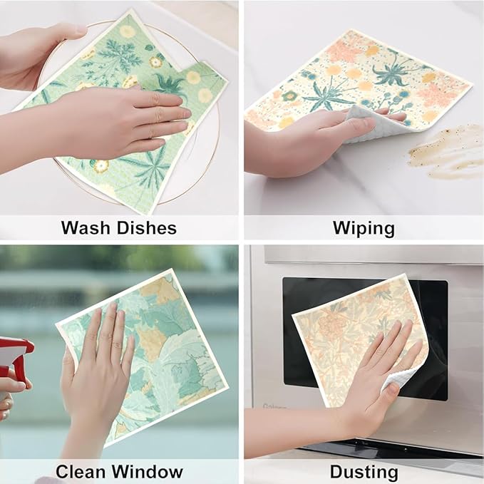 6 - Pack Swedish Kitchen Dish Cloths - Reusable Paper Towels for Counters & Dishes - Eco Friendly Cellulose Sponge Cloth - Assorted (Flower Pattern)