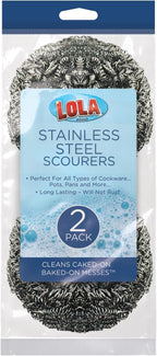 Stainless Steel Wool Scouring Pad, 2 Pack, by LOLA Brand, 18 Grams - Curled Flat Wire, Cleans Caked On & Baked On Messes on Cookware