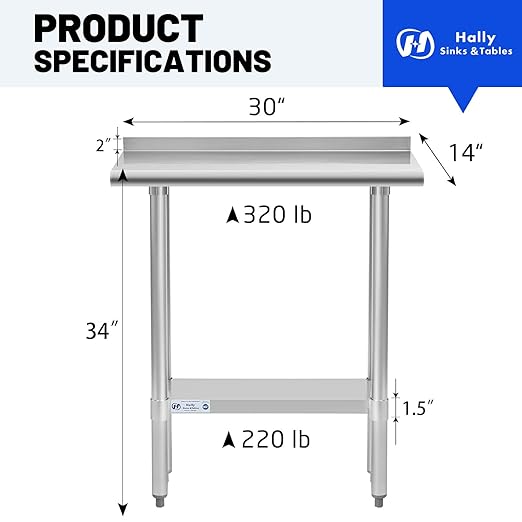 Hally Stainless Steel Table for Prep & Work 14 x 30 Inches, NSF Commercial Heavy Duty Table with Undershelf and Backsplash for Restaurant, Home and Hotel