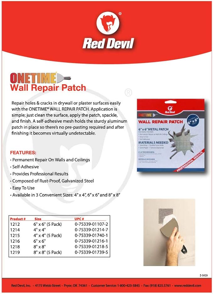 Red Devil 1219 8" x 8" ONETIME Wall Repair Patch, 5 Pack