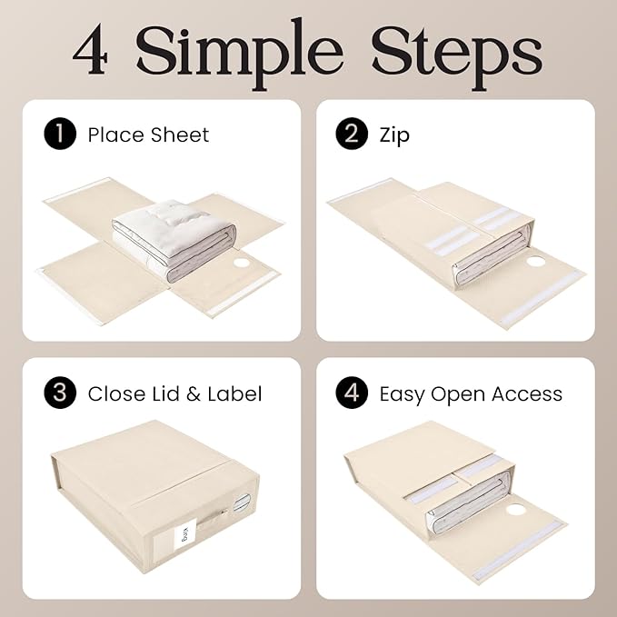 2 Pack Bed Sheet Organizer and Storage, Foldable Storage Bed Sheet Organizer for Linen Closet with Viewing Window & Label for Bedding Sheets & Blankets (Queen & King Size) Cream