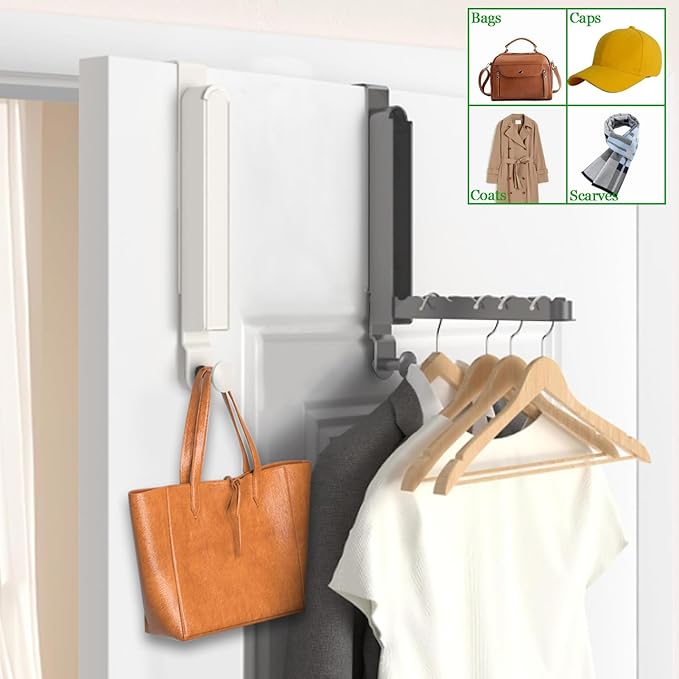 2 Pack Over The Door Hanger Folding Clothes Drying Rack,Fit Door up to 1-3/4" Optimal,Collapsible Foldable Hanging Coat Rack w/ Retractable Rod,Clothing Hanger Hook for Laundry Room (Milky White)