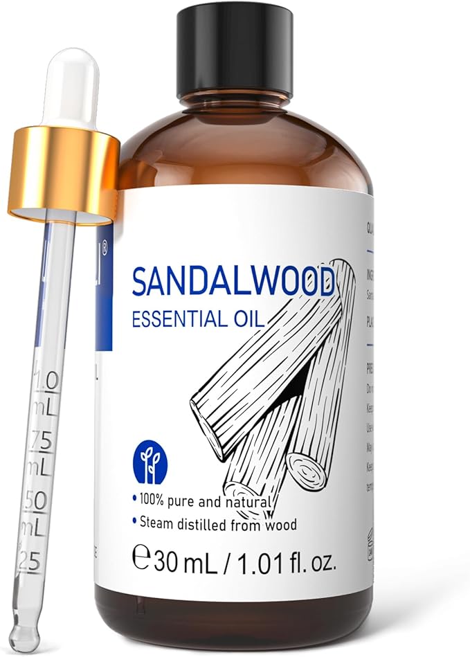 HIQILI Sandalwood Essential Oils 1 Fl Oz, 100% Pure Natural Therapeutic Grade for Skin, Diffuser, Perfume, Candle Soap Making, Includes Premium Quality Glass Dropper