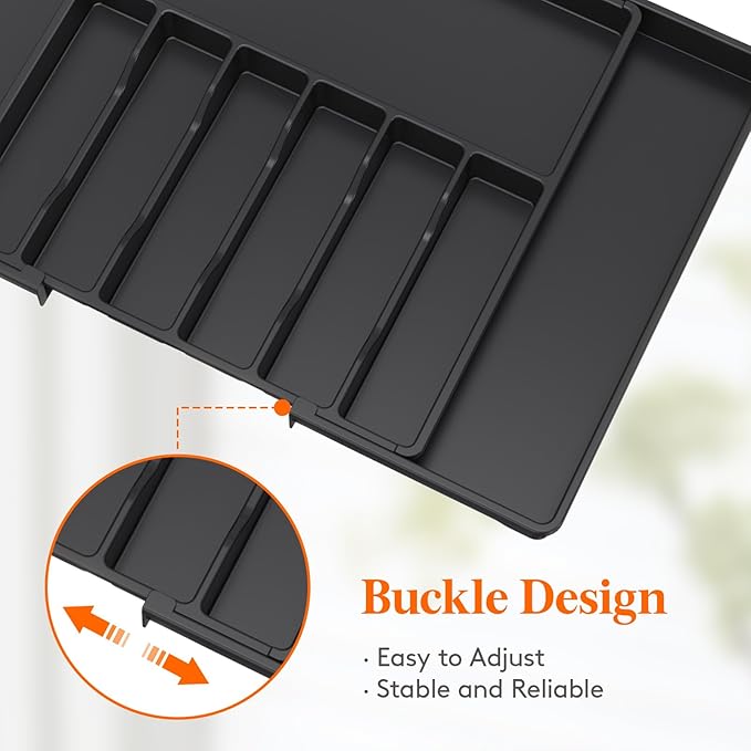 Lifewit Silverware Drawer Organizer, Expandable from 18.7 to 33 inches, Adjustable Utensil Tray for Kitchen, Large Cutlery Holder, Plastic Flatware Storage for Spoons Forks Knives, Black