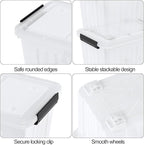 Zopnny 50 Qt Stackable Plastic Storage Bins with Lids, 4 Pack - BPA-Free, See-Through Organizing Solution, Latches, Wheels, Durable Nestable Containers, Clear