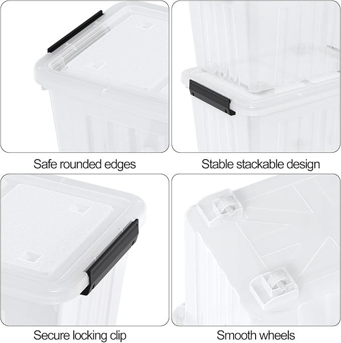 Zopnny 50 Qt Stackable Plastic Storage Bins with Lids, 4 Pack - BPA-Free, See-Through Organizing Solution, Latches, Wheels, Durable Nestable Containers, Clear