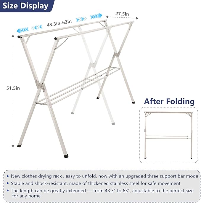 63 inches Foldable Clothes Drying Rack, Heavy Duty Stainless Steel Laundry Drying Rack for Indoor Outdoor,Clothes Rack Adjustable Length. 3 Additional Reinforcement Bars with 20 Windproof Hooks