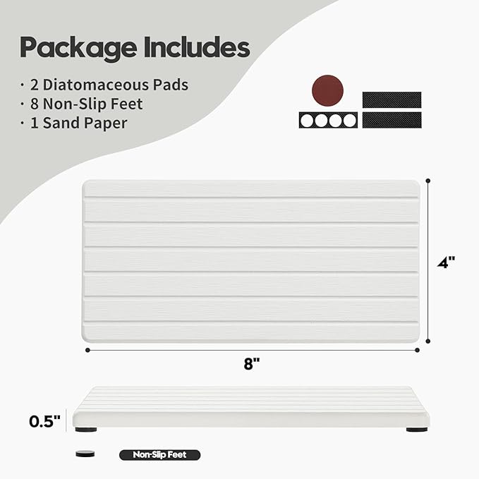 2PCS Water Absorbing Stone Drying Tray Mat For Bathroom Sink & Kitchen Counter Faucet Organizer Decor, Quick Dry Dish Soap Dispenser Sponge Holder, Vanity Sink Caddy Bar Coaster,White-8"*3.8"