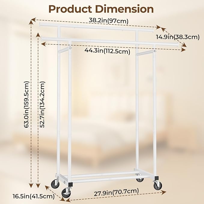 HYSEYY Double Rods Clothes Rack, Rolling Clothing Rack for Hanging Clothes Portable Wardrobe Rack, Metal Garment Rack Sturdy Coat Rack for Bedroom Laundry Living Room, White