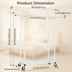 HYSEYY Double Rods Clothes Rack, Rolling Clothing Rack for Hanging Clothes Portable Wardrobe Rack, Metal Garment Rack Sturdy Coat Rack for Bedroom Laundry Living Room, White