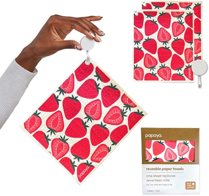 Papaya Reusable Paper Towels 2-Pack - 2 Sheets + 1 Hooks, Quick Drying, No Odor, 1 Sheet Replaces 17 Rolls, Washable Kitchen Cloth, Sustainable Dish Sponge, Eco Friendly Gift