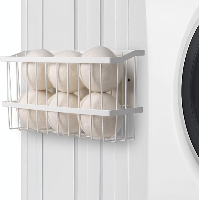 Magnetic Dryer Ball Holder Organizer Laundry Room Organization and Storage Large Magnetic Basket Storage Bin Steel Dryer Ball Container for Laundry Room Organizer No Balls (White, L)