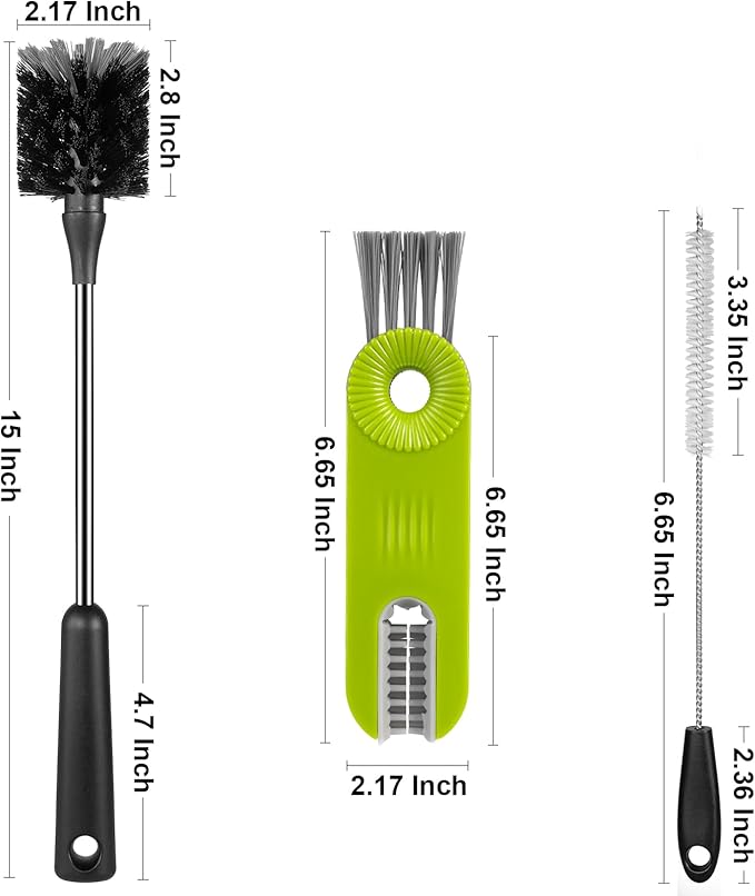 [3 Pack] Bottle Brush, 15 Inches Stainless Steel Long Handle Baby Bottle Scrub Cleaning Brush with Straw & Lid Brushes for Sports Water Bottles, Cups, Coffee Mugs, Glasswares, Tumblers, Wine Decanters