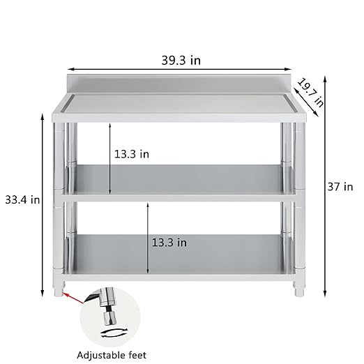 Heavy Duty Free Standing Stainless-Steel Commercial Restaurant Kitchen Work Table, Prep & Utility Workbench with Double Storage Shelves Rack Indoor Outdoor (39.3in)