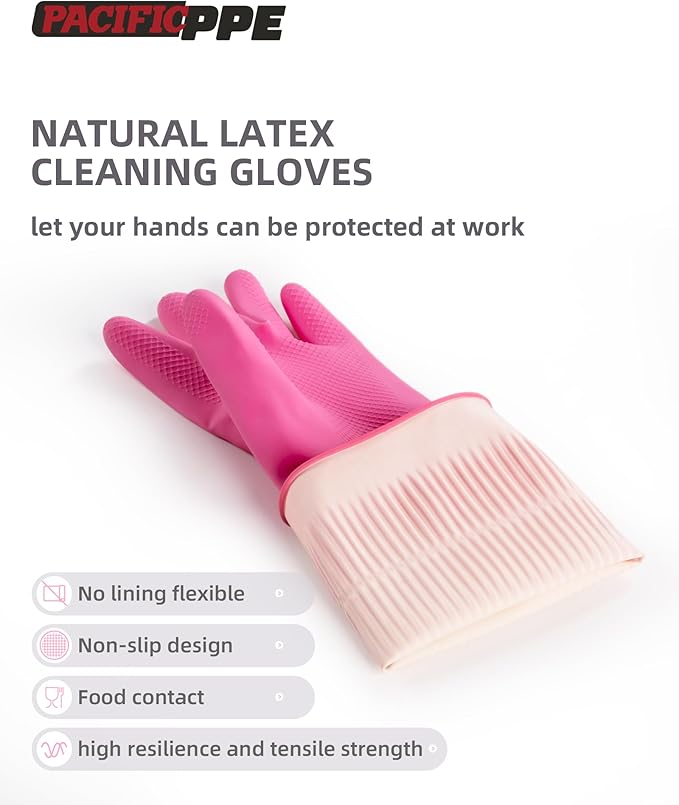 PACIFIC 2 Pairs Reusable Rubber Gloves for Washing Dishes and Cleaning Tasks, Water Resistant Household Gloves for Kitchen Bathroom, Grippy Latex Dish Washing, Pink, Small