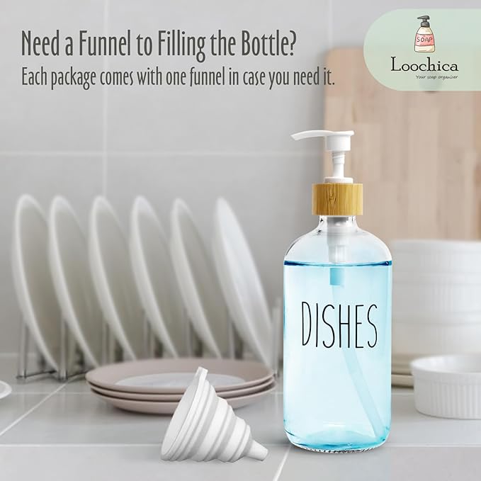 Dish Clear Glass Soap Dispenser with Plastic Pump, 16 Oz Transparent Dish Soap Dispenser Set Refillable Reusable Apothecary Soap Pump Dispenser Bottles for Bathroom and Kitchen