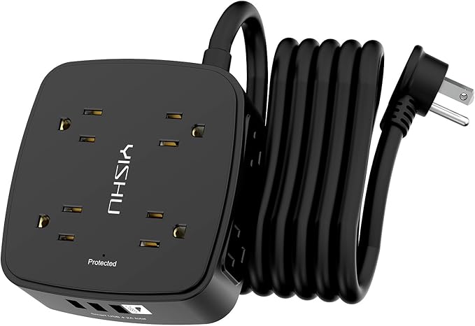 10 Ft Surge Protector Power Strip - 8 Widely Outlets with 4 USB Ports, 3 Side Outlet Extender with 10 Feet Extension Cord, Flat Plug, Wall Mount, Desk USB Charging Station, ETL, Black