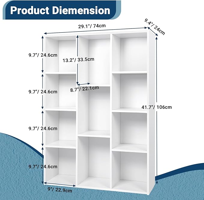 Whitmor 11 Cube Storage Organizer, 4 Tier Stackable Bookcase, Open Storage Display Bookshelf, Storage Cabinet for Living Room, Bedroom, Home, Office, 29.1" L x 9.4" W x 41.7" H, White