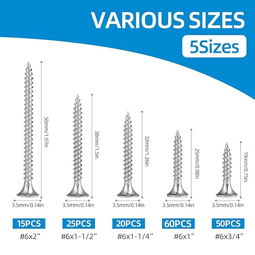 High Hardness #6 Drywall Screws Assortment Kit Wood Screws 170pcs (3/4",1",1-1/4",1-1/2",2") Phillips Drive Flat Head Self Tapping Dry Wall Screws Sheetrock Screw for Picture Hanging and metal Shelves