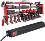 4 Layers Power Tool Organizer Wall Mount with Power Strip, Heavy Duty Metal Tool Shelf, 400lbs Capacity for Cordless Drills, Batteries & Garage Storage (12 Slots with 8 Outlets Power Strip)