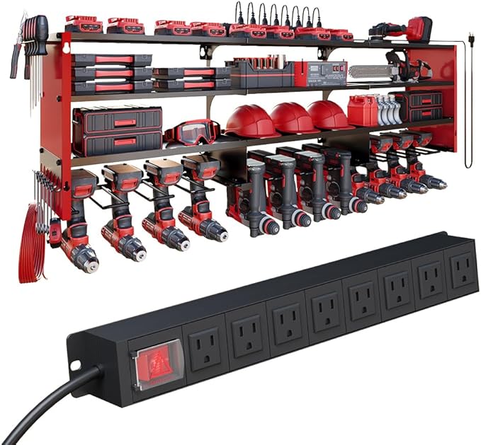 4 Layers Power Tool Organizer Wall Mount with Power Strip, Heavy Duty Metal Tool Shelf, 400lbs Capacity for Cordless Drills, Batteries & Garage Storage (12 Slots with 8 Outlets Power Strip)